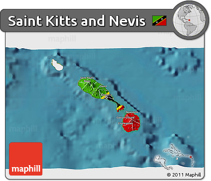 Flag 3D Map of Saint Kitts and Nevis, single color outside, satellite sea