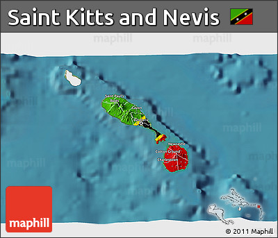 Flag 3D Map of Saint Kitts and Nevis, single color outside, satellite sea
