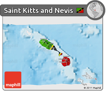 Flag 3D Map of Saint Kitts and Nevis, single color outside, shaded relief sea, flag aligned to the middle