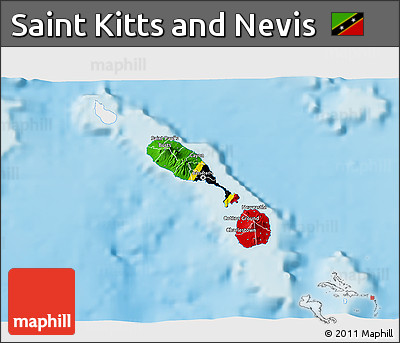 Flag 3D Map of Saint Kitts and Nevis, single color outside, shaded relief sea, flag aligned to the middle