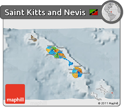 Political 3D Map of Saint Kitts and Nevis, semi-desaturated