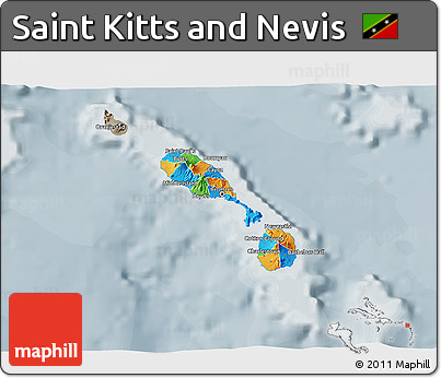 Political 3D Map of Saint Kitts and Nevis, semi-desaturated