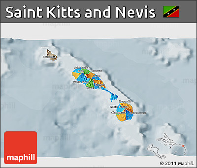 Political 3D Map of Saint Kitts and Nevis, semi-desaturated