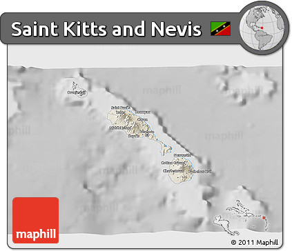 Shaded Relief 3D Map of Saint Kitts and Nevis, desaturated