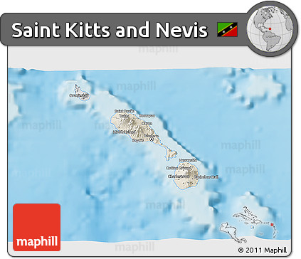 Shaded Relief 3D Map of Saint Kitts and Nevis, desaturated, land only