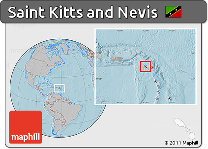 Flag Location Map of Saint Kitts and Nevis, gray outside, hill shading outside