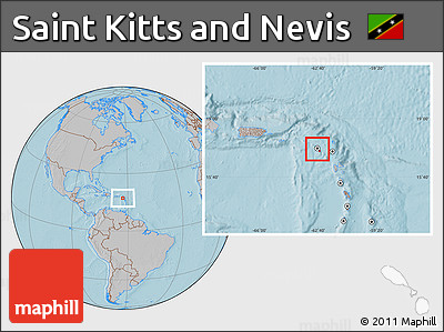 Flag Location Map of Saint Kitts and Nevis, gray outside, hill shading outside
