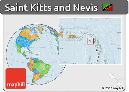 Flag Location Map of Saint Kitts and Nevis, political outside