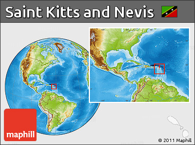Physical Location Map of Saint Kitts and Nevis, within the entire continent