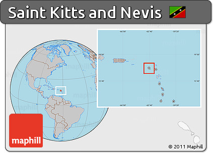 Savanna Style Location Map of Saint Kitts and Nevis, gray outside, hill shading inside
