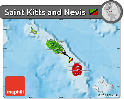 Flag Map of Saint Kitts and Nevis, physical outside, bathymetry sea, flag rotated