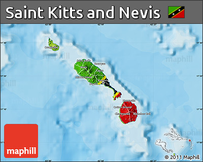 Flag Map of Saint Kitts and Nevis, physical outside, bathymetry sea, flag rotated