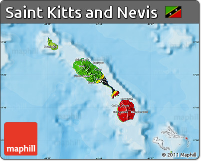 Flag Map of Saint Kitts and Nevis, physical outside, bathymetry sea, flag rotated