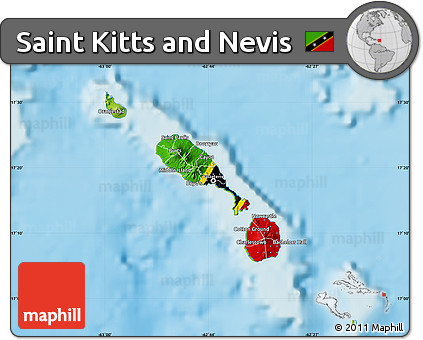 Flag Map of Saint Kitts and Nevis, physical outside, flag aligned to the middle