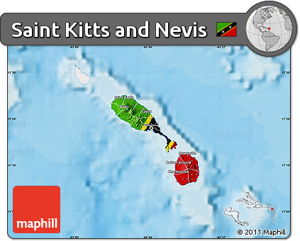 Flag Map of Saint Kitts and Nevis, single color outside, bathymetry sea, shaded relief sea, flag aligned to the middle