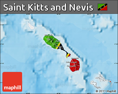 Flag Map of Saint Kitts and Nevis, single color outside, bathymetry sea, shaded relief sea, flag aligned to the middle