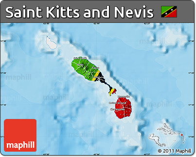 Flag Map of Saint Kitts and Nevis, single color outside, bathymetry sea, shaded relief sea, flag aligned to the middle