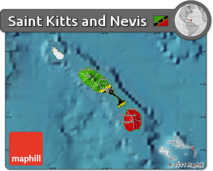 Flag Map of Saint Kitts and Nevis, single color outside, satellite sea, flag centered