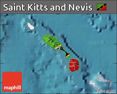 Flag Map of Saint Kitts and Nevis, single color outside, satellite sea, flag centered