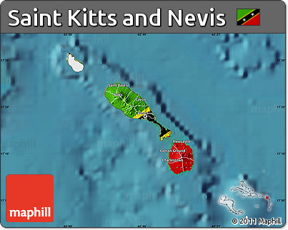 Flag Map of Saint Kitts and Nevis, single color outside, satellite sea, flag centered
