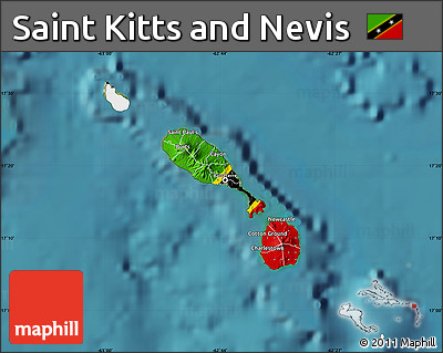 Flag Map of Saint Kitts and Nevis, single color outside, satellite sea, flag rotated