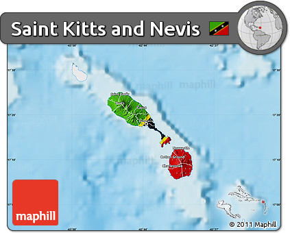 Flag Map of Saint Kitts and Nevis, single color outside, shaded relief sea, flag rotated