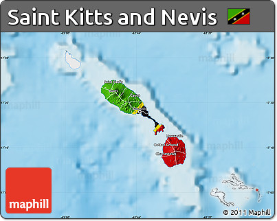 Flag Map of Saint Kitts and Nevis, single color outside, shaded relief sea, flag rotated