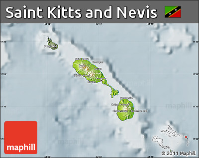 Physical Map of Saint Kitts and Nevis, semi-desaturated