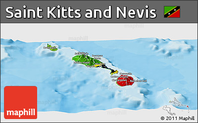 Flag Panoramic Map of Saint Kitts and Nevis, physical outside, bathymetry sea, flag centered