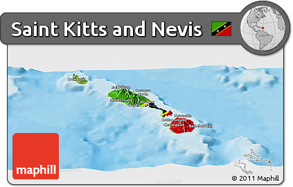 Flag Panoramic Map of Saint Kitts and Nevis, physical outside, bathymetry sea, flag rotated