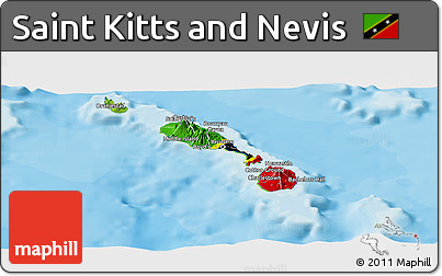 Flag Panoramic Map of Saint Kitts and Nevis, physical outside, bathymetry sea, flag rotated