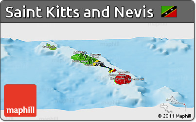 Flag Panoramic Map of Saint Kitts and Nevis, physical outside, flag aligned to the middle