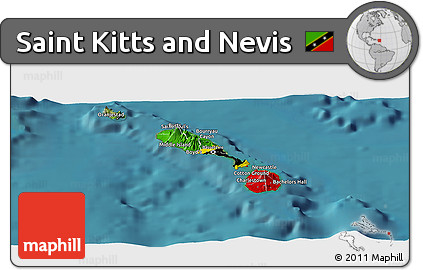 Flag Panoramic Map of Saint Kitts and Nevis, satellite outside, flag centered