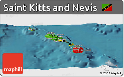 Flag Panoramic Map of Saint Kitts and Nevis, satellite outside, flag centered