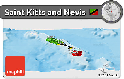 Flag Panoramic Map of Saint Kitts and Nevis, single color outside, bathymetry sea, shaded relief sea, flag centered