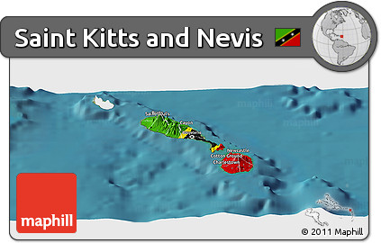 Flag Panoramic Map of Saint Kitts and Nevis, single color outside, satellite sea, flag aligned to the middle