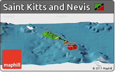 Flag Panoramic Map of Saint Kitts and Nevis, single color outside, satellite sea, flag rotated