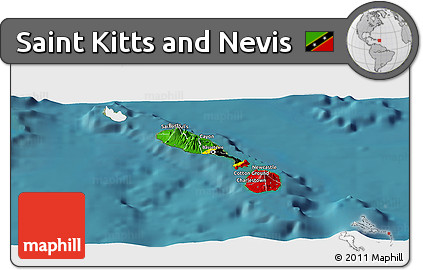 Flag Panoramic Map of Saint Kitts and Nevis, single color outside, satellite sea
