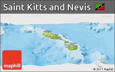 Physical Panoramic Map of Saint Kitts and Nevis, single color outside, bathymetry sea, shaded relief sea