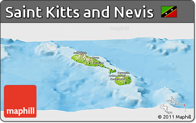 Physical Panoramic Map of Saint Kitts and Nevis, single color outside, bathymetry sea, shaded relief sea
