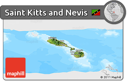 Satellite Panoramic Map of Saint Kitts and Nevis, single color outside, bathymetry sea