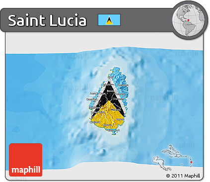 Flag 3D Map of Saint Lucia, physical outside, bathymetry sea, flag centered
