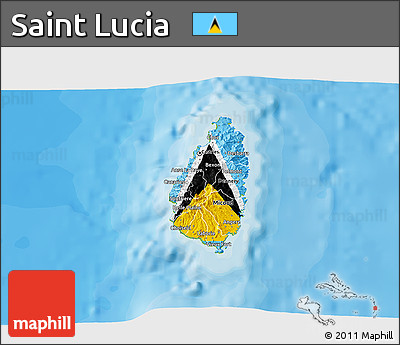 Flag 3D Map of Saint Lucia, physical outside, bathymetry sea, flag centered