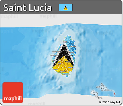 Flag 3D Map of Saint Lucia, physical outside, bathymetry sea, flag centered