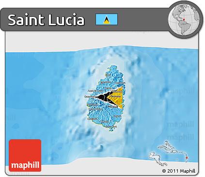 Flag 3D Map of Saint Lucia, physical outside, bathymetry sea, flag aligned to the middle