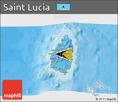 Flag 3D Map of Saint Lucia, physical outside, bathymetry sea, flag aligned to the middle