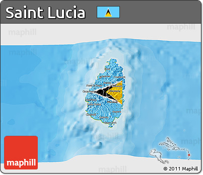 Flag 3D Map of Saint Lucia, physical outside, bathymetry sea, flag aligned to the middle
