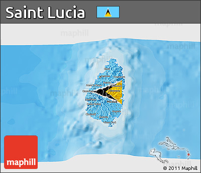 Flag 3D Map of Saint Lucia, political outside, flag aligned to the middle