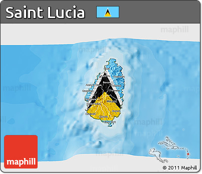 Flag 3D Map of Saint Lucia, satellite outside, bathymetry sea, flag centered