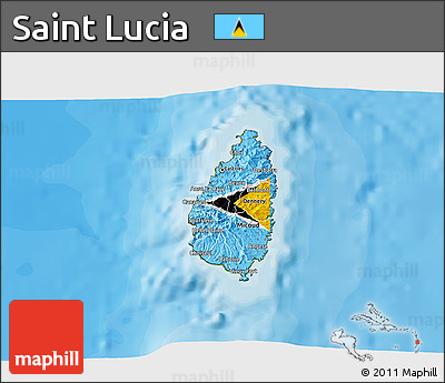 Flag 3D Map of Saint Lucia, satellite outside, bathymetry sea, flag aligned to the middle